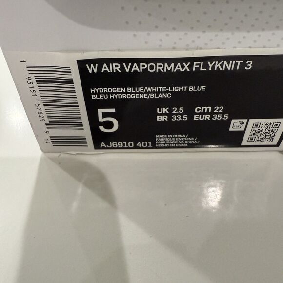 Women's Size 5 Nike Air Vapormax Flyknit 3 Hydrogen Blue White AJ6910-401 (NWB) - Picture 10 of 10